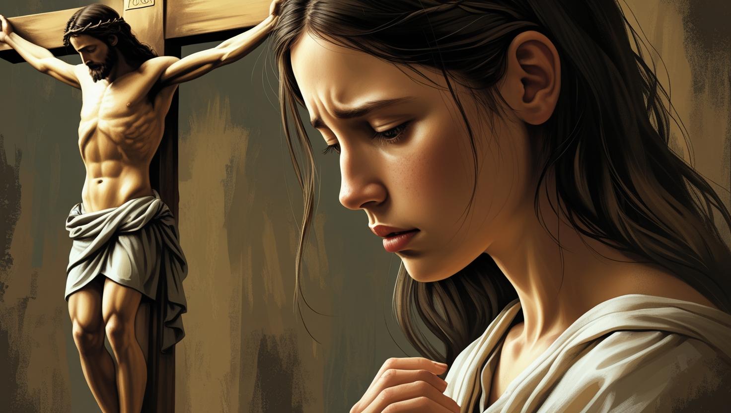 Imagen de chica de unos 18 a 20 años que esta pensativa y a su mente se le viene la imagen de cristo crucificado